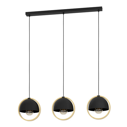 Lampadario A Sospensione Vintage Callow Acciaio Nero Legno 3 Luci E27