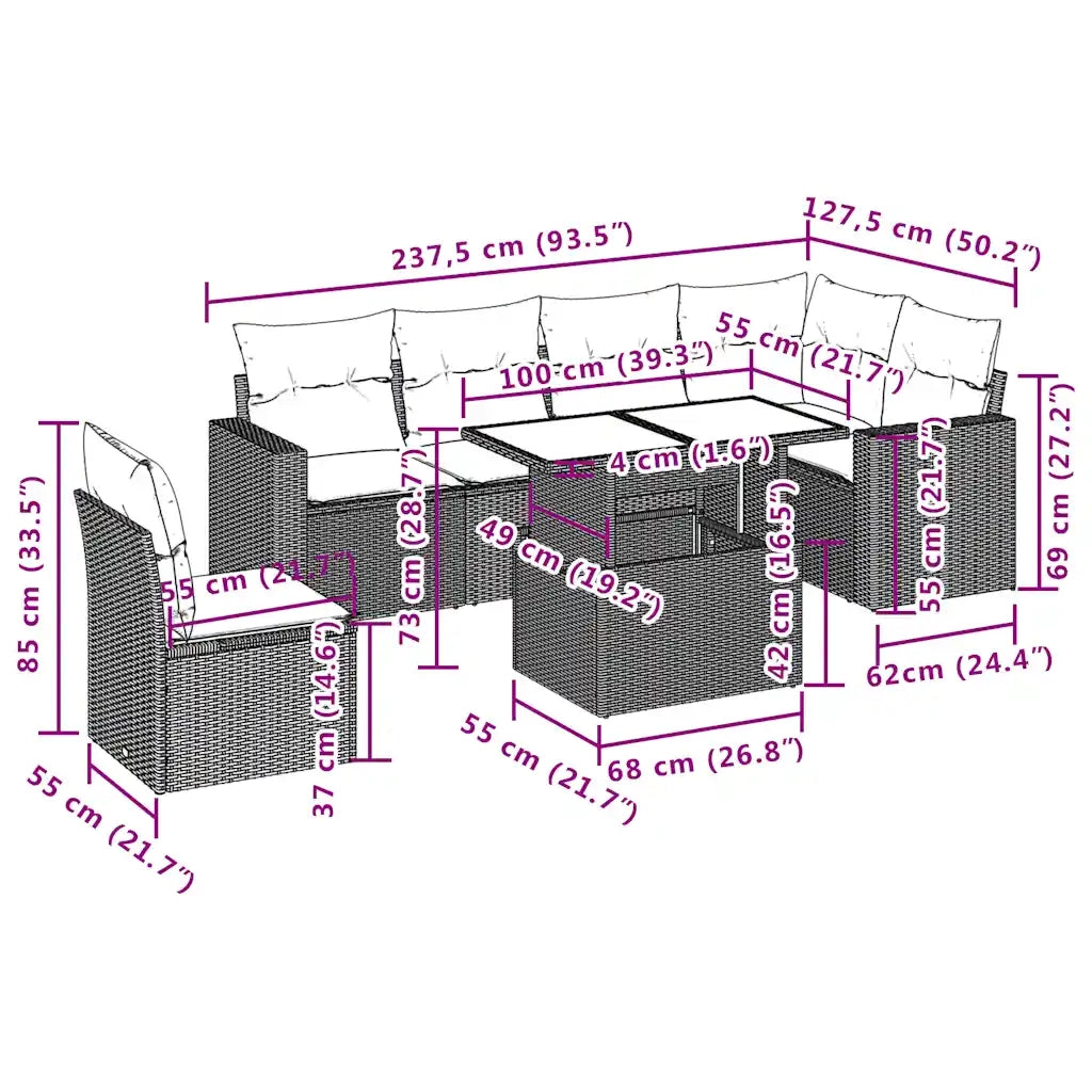 Set Divani da Giardino 7 pz con Cuscini Marrone in Polyrattan 3267314