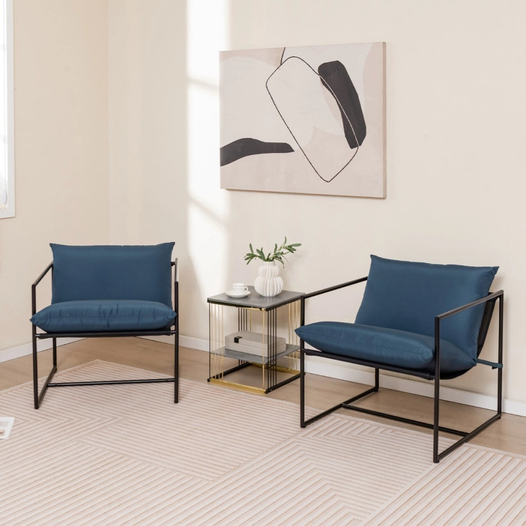Set di 2 sedie a sdraio sling con cuscini per sedile schienale telaio metallico, Poltrone da interno moderne Blu scuro-Sedie e poltrone