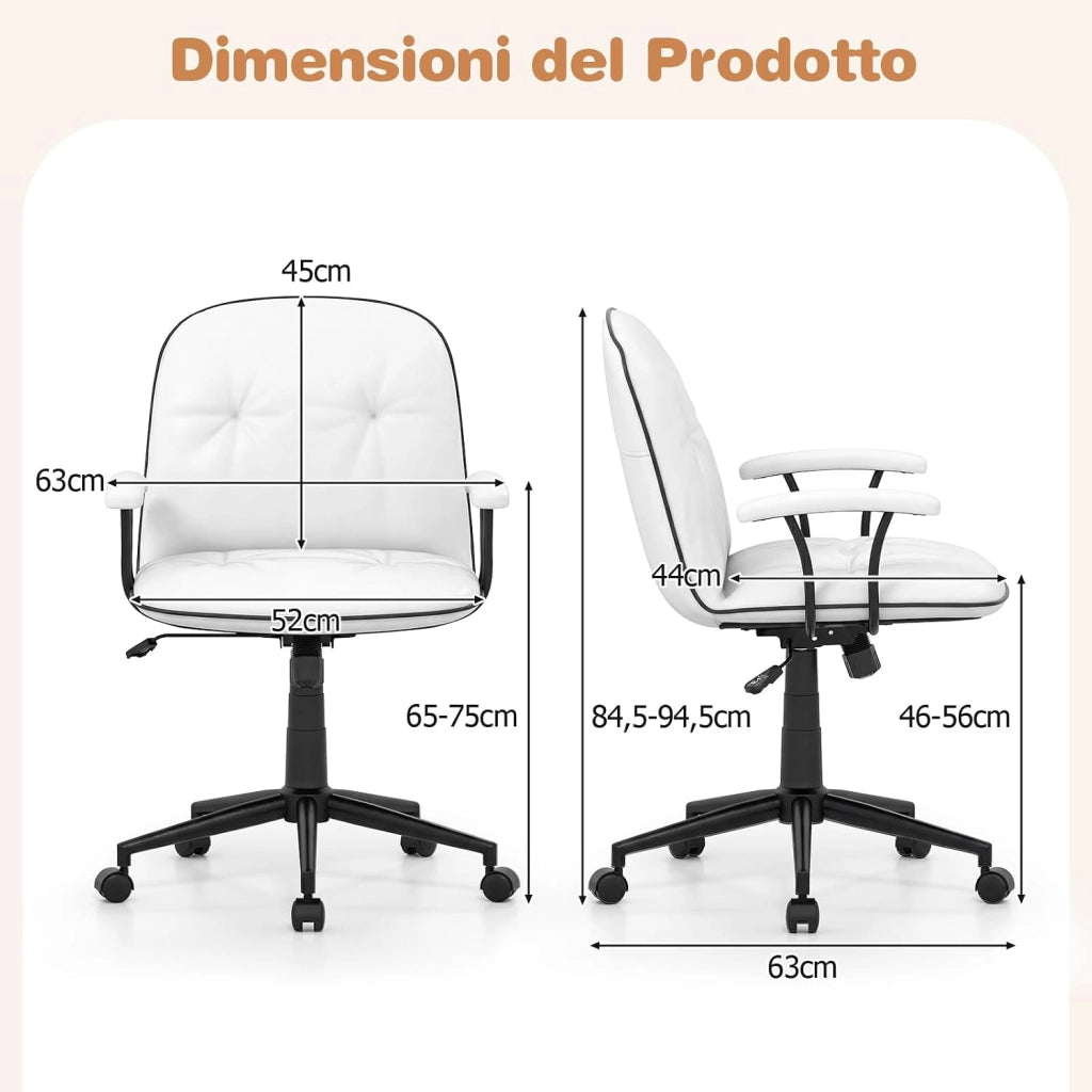 Sedia Ufficio Ergonomica con Altezza Regolabile, Poltrona Scrivania Girevole, Sedia con Braccioli Imbottiti e Ruote, Funzione Dondolo, per Ufficio Scrivania Studio (Bianco)