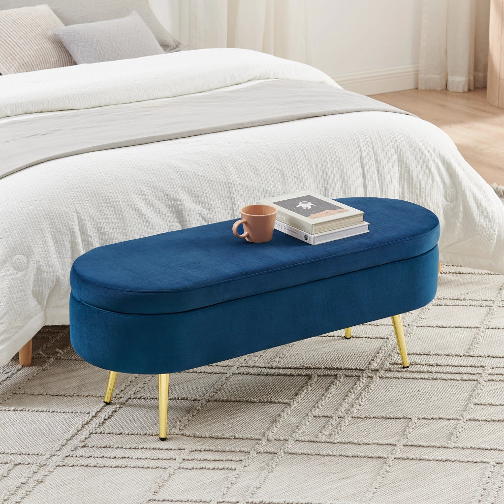 Banc con contenitore in velluto blu con coperchio ammortizzato struttura in legno e gambe in metallo 110 × 40 × 42 cm