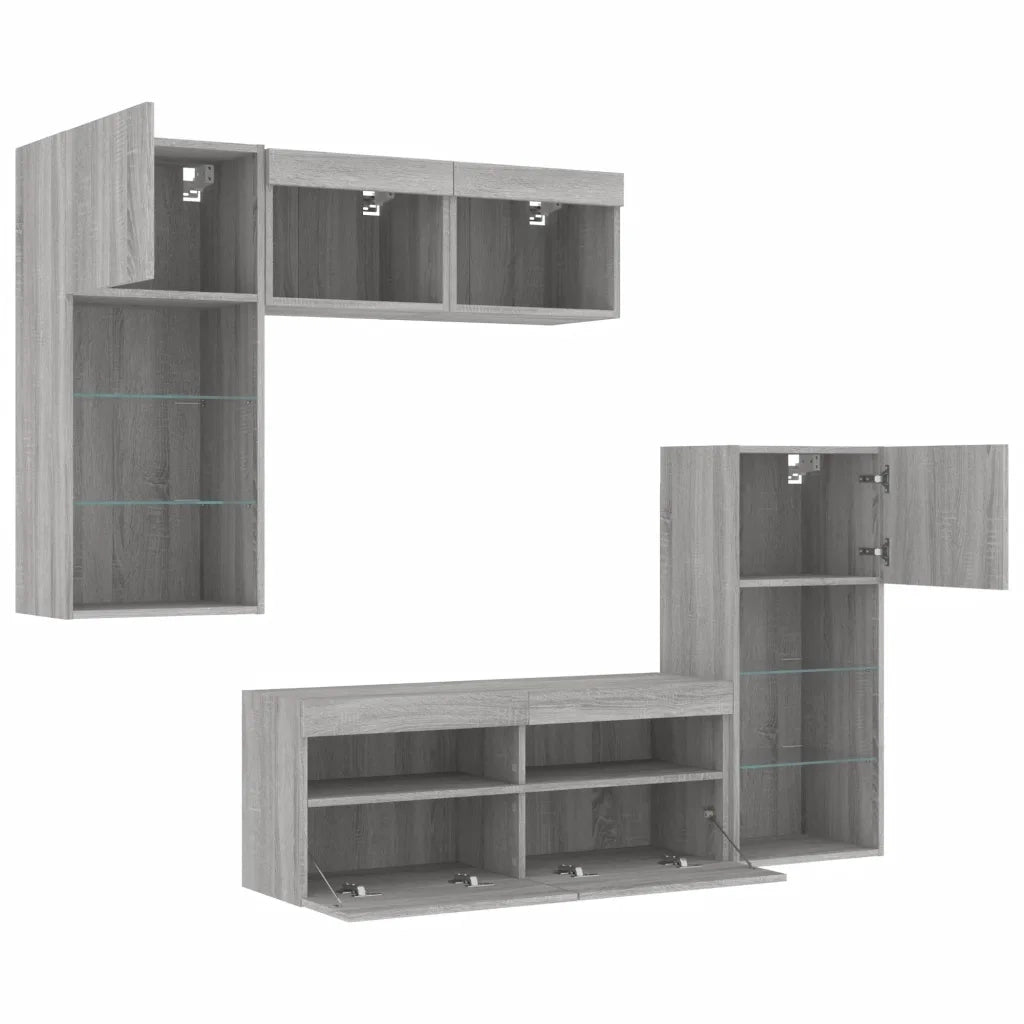 vidaXL Mobili TV a Muro con LED 5pz Grigio Sonoma in Legno Multistrato