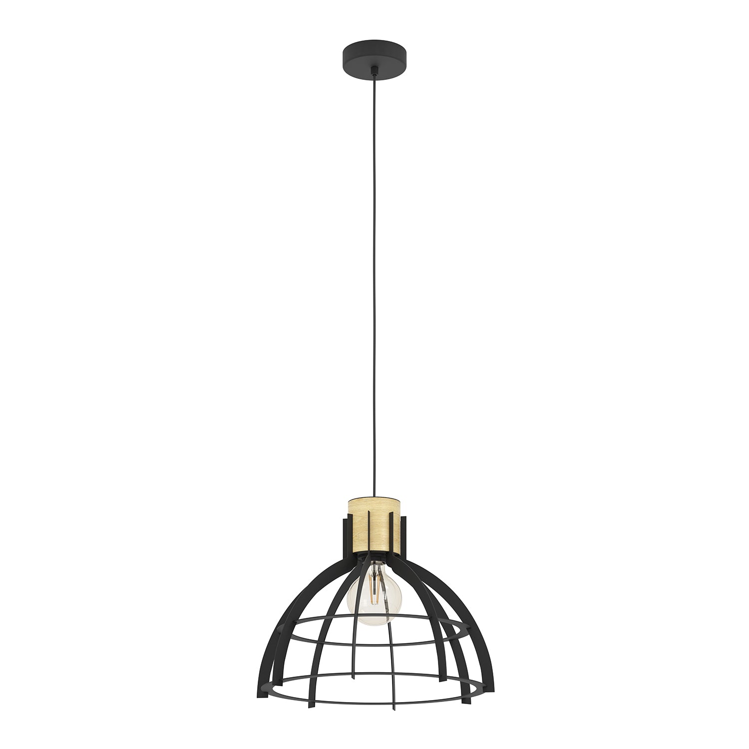 Lampadario A Sospensione Vintage Stillington Acciaio Nero Legno 1 Luce E27