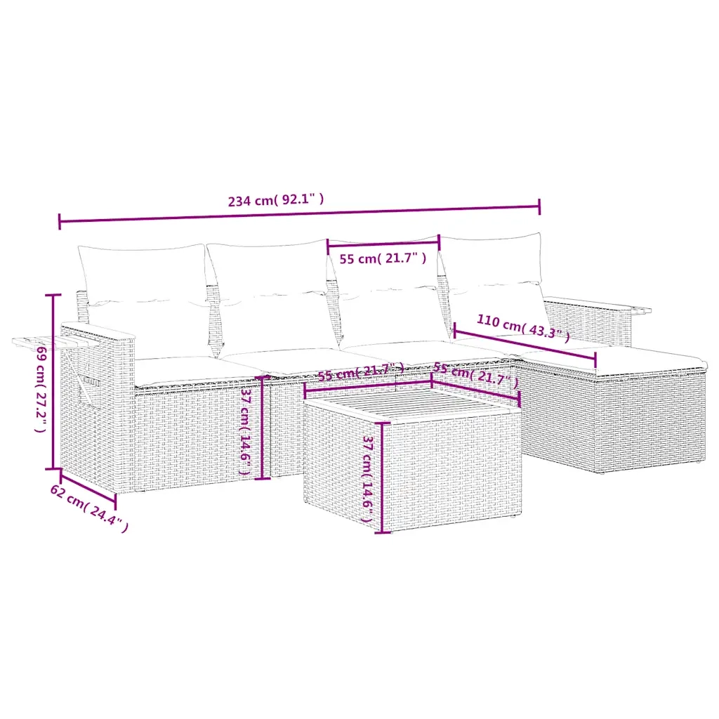 Set Divani da Giardino 6 pz con Cuscini Nero in Polyrattan