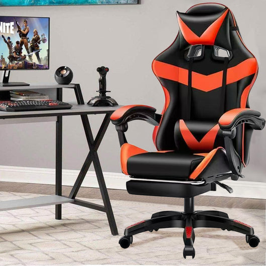 Sedia da Gaming Ergonomica con Poggiapiedi e Cuscini in PVC Rosso e Nero