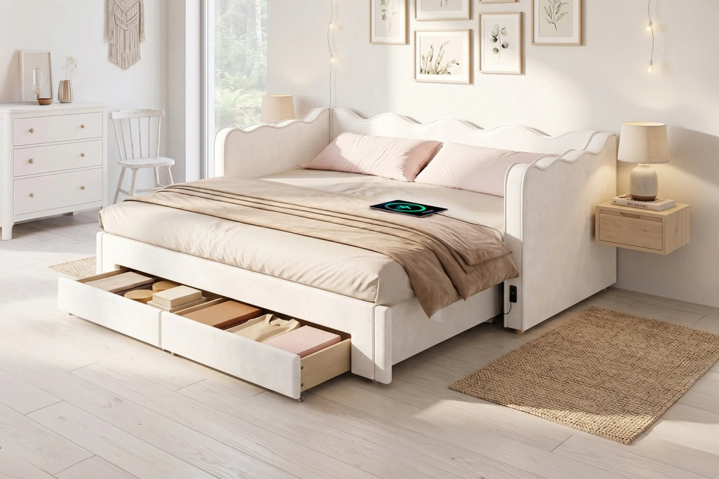 Letto divano estraibile 90 × 200 cm con 2 cassetti, USB e Type-C, senza materasso, in velluto, beige