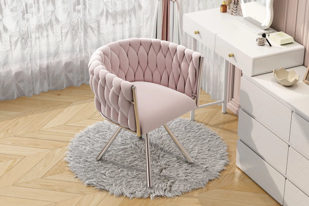 Sedia girevole in velluto rosa con struttura in acciaio, seduta imbottita e schienale ergonomico