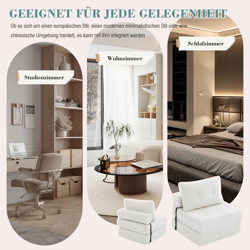 Divano letto pieghevole con schienale, cuscini per testa e zona lombare, in Ciniglia Beige