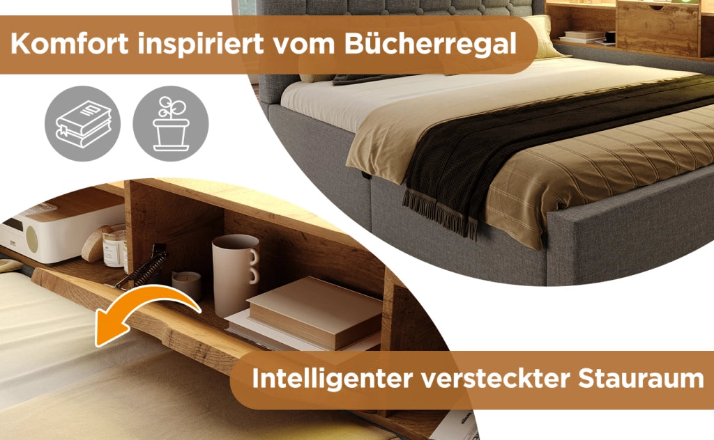 Letto matrimoniale 140x200 cm in lino con LED, porta USB, contenitore idraulico e testiera L reversibile, grigio