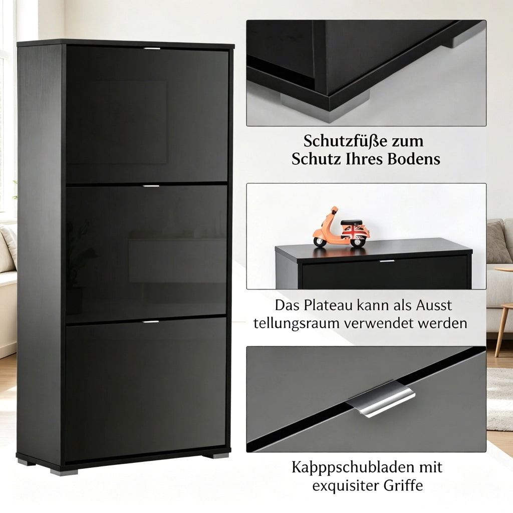 Scarpiera con 3 ante ribaltabili e vani regolabili, per ingresso e camera da letto, in MDF, nero, 60 × 26 × 124 cm