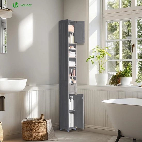 Cassettone da bagno spazievitore - cassettone alto con 2 porte e 1 cassetto - grigio - 20 x 20 x 180 cm cassettone da bagno alto