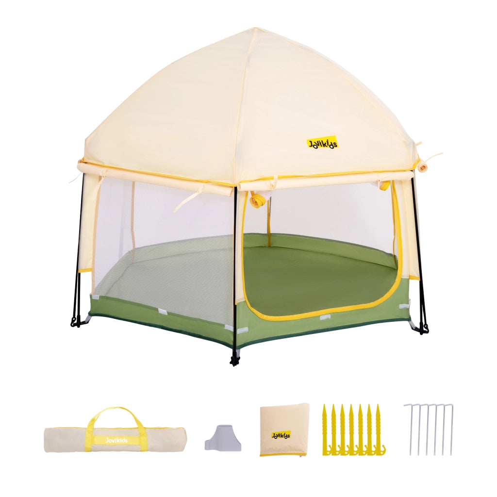 Lettino da gioco pop-up per bambini 150x150x105 cm; con tettuccio; verde e giallo