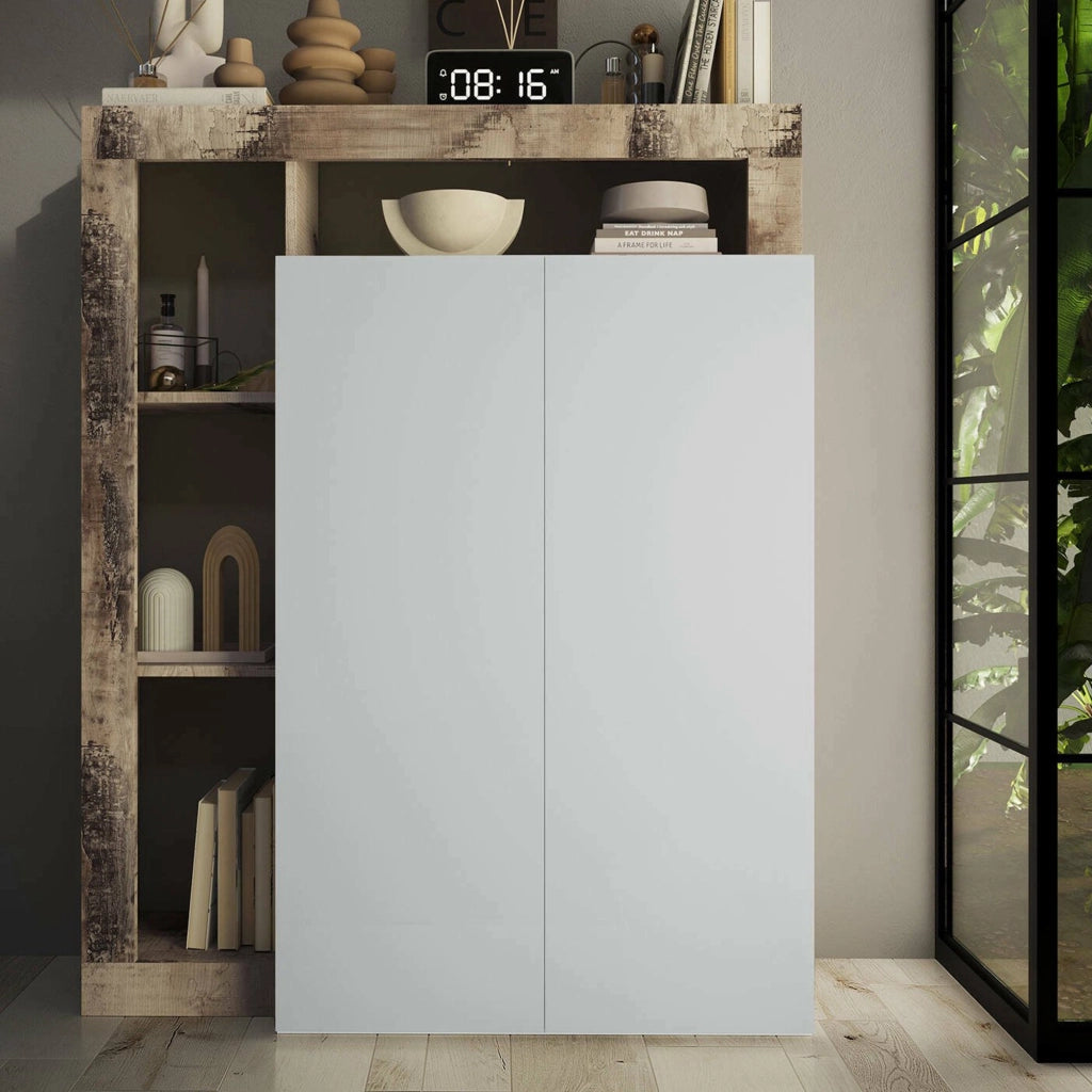 Armadio multiuso 2 ante Cipresso, Mobile multifunzionale, Mobiletto scarpiera, Porta scarpe, Made in Italy, 78x35 h116 cm, Bianco lucido e Rovere