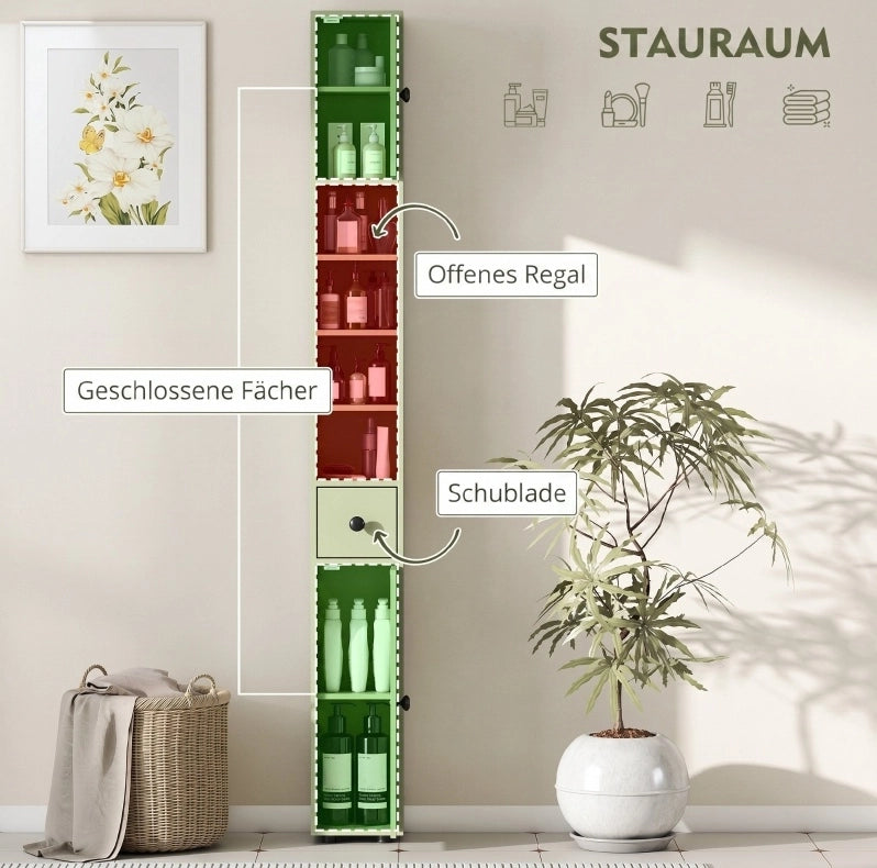 Mobile bagno stretto verde con cassetto e 4 ripiani aperti 20x20x180 cm