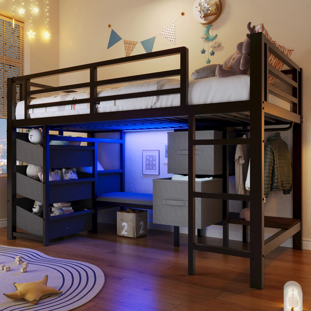 OKWISH Letto a soppalco 90×200 cm, Letto Singolo con LED Multicolore, Cuscino Seduta e Contenitore, senza Materasso, in Metallo, Nero