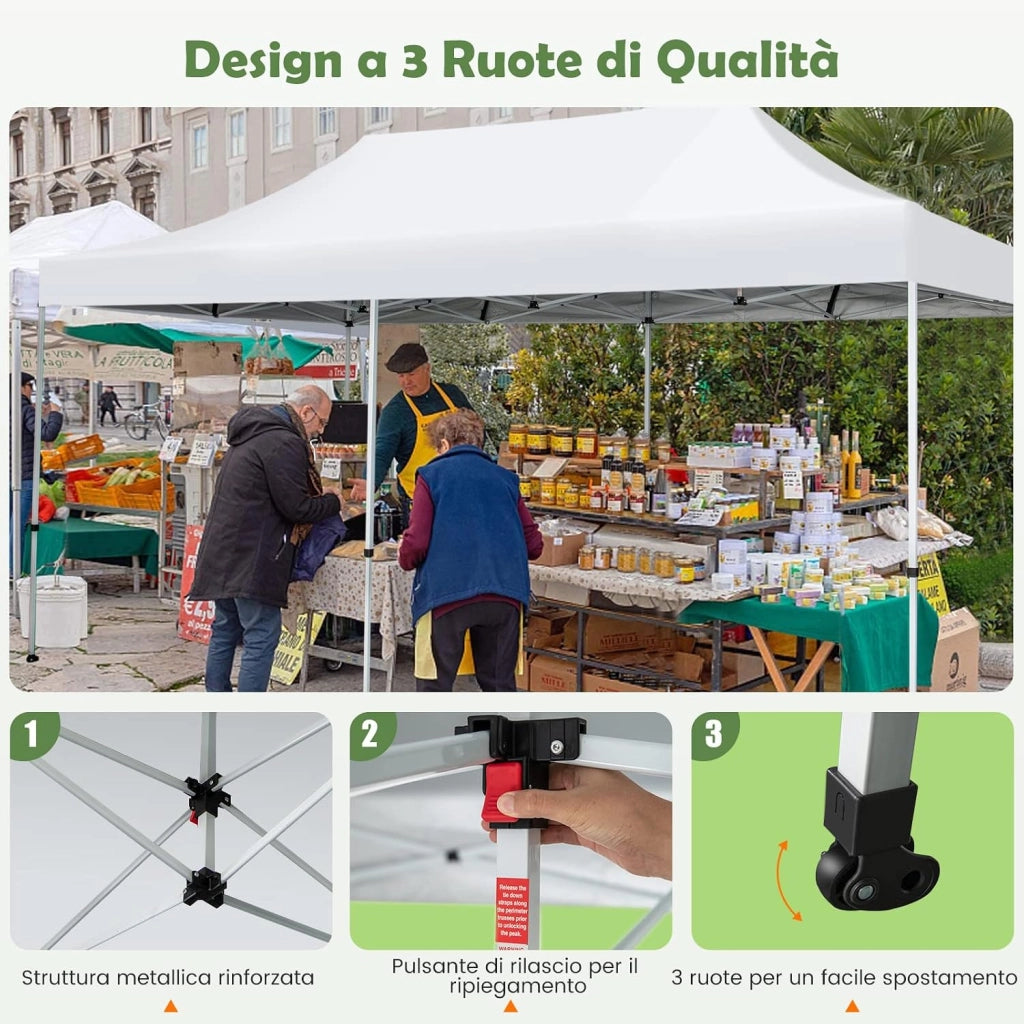 Gazebo Commerciale Regolabile e Pieghevole 6x 3M, con Ruote e Borsa Portatile, Patio Impermeabile per Matrimoni, Feste e Campeggi, Bianco