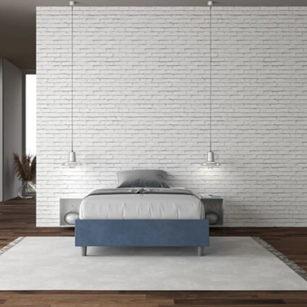 Letto matrimoniale francese contenitore imbottito 140x210 microfibra blu Azelia