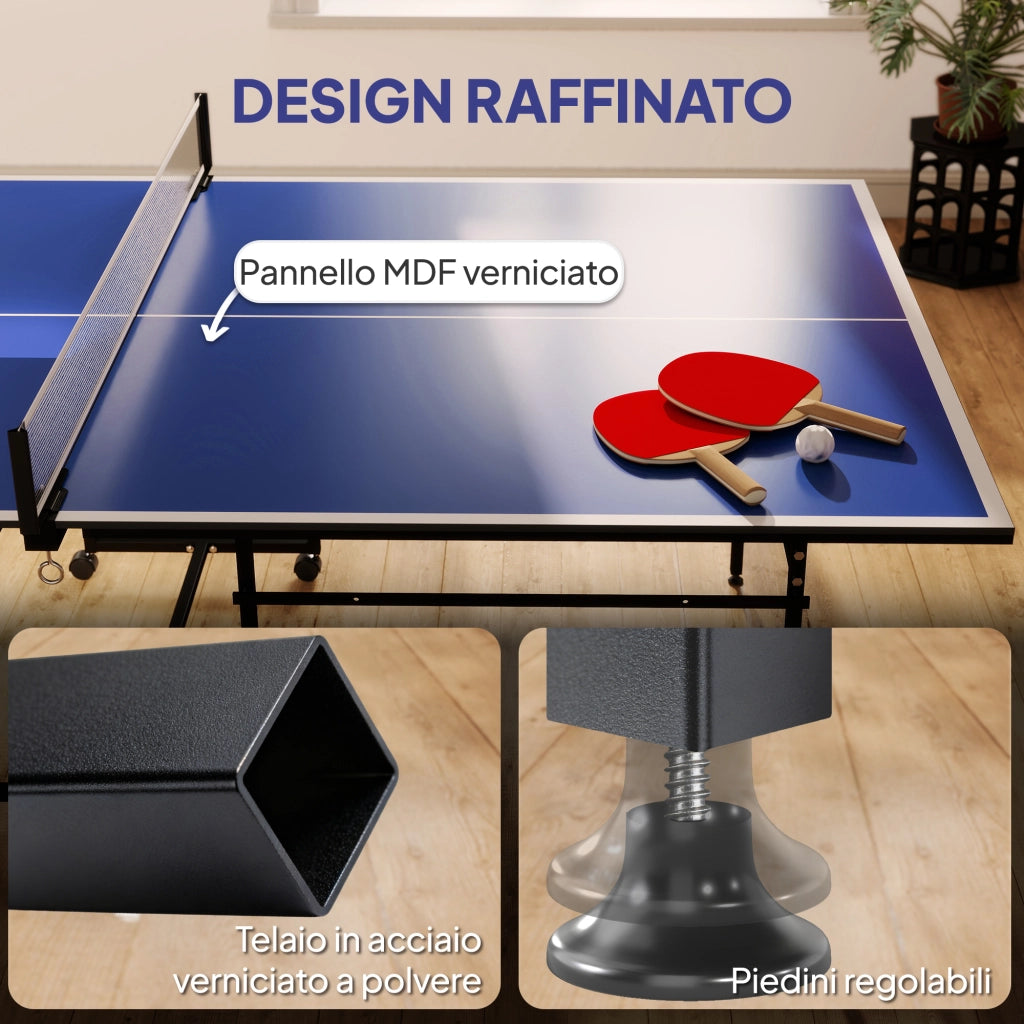 Tavolo da Ping Pong Pieghevole per Interni 274x152,5x75,5 cm con Ruote Girevoli Rete Racchette e Palline Blu