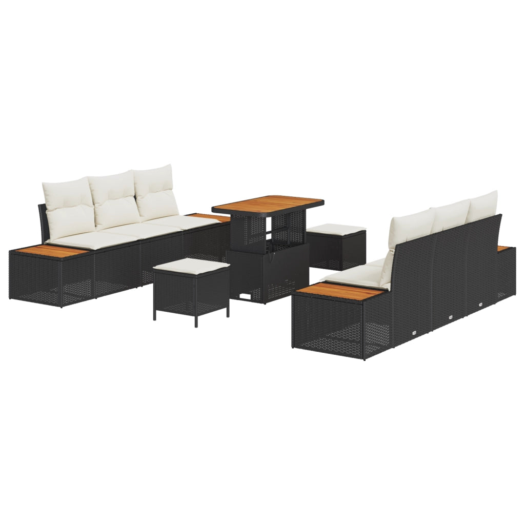 Set Divano da Giardino  con Cuscini 9 Pezzi Rattan Polyrattan Nero Acacia