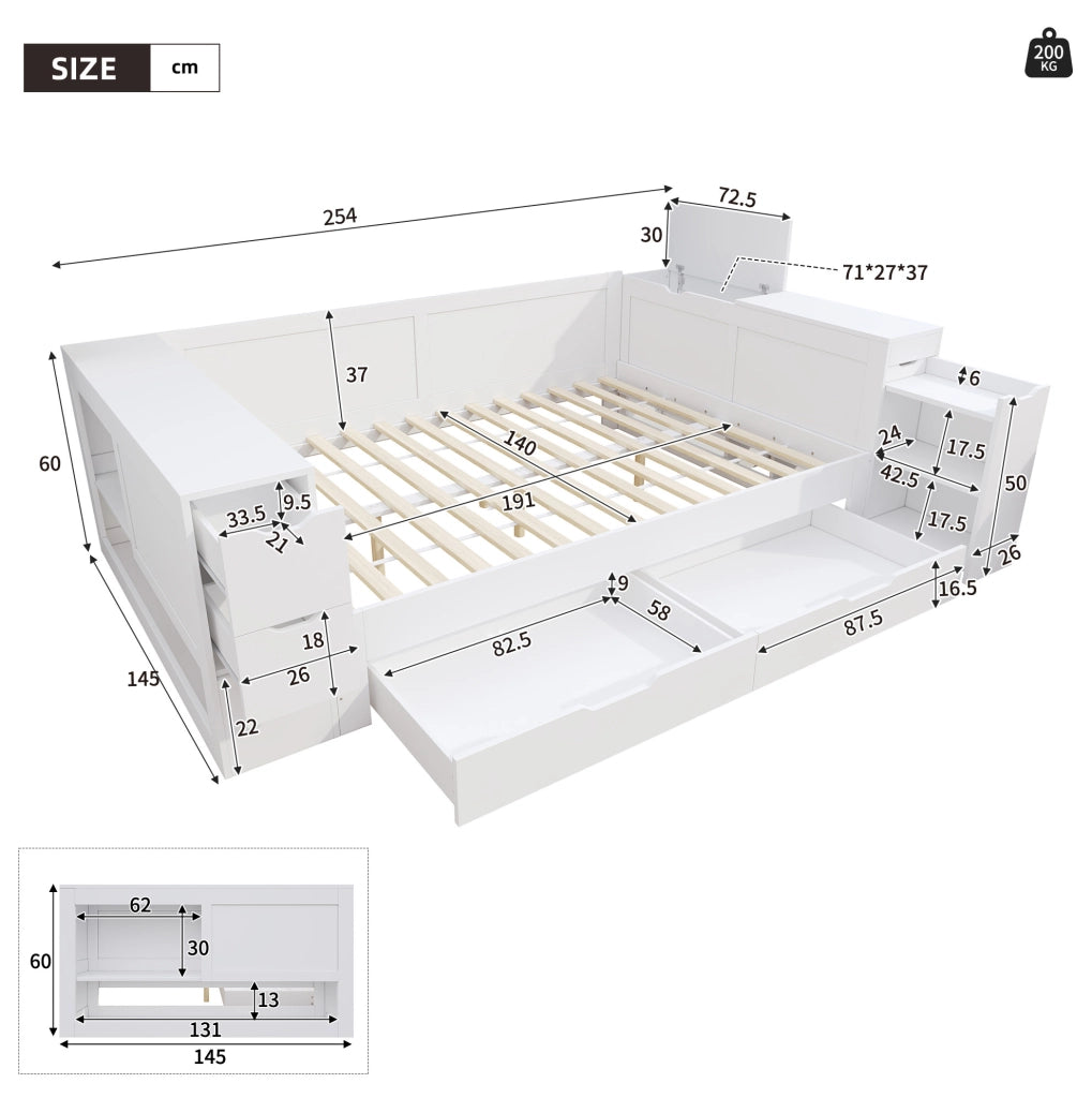 Letto con cassetti e spazio laterale per materasso 140x190 cm; MDF bianco