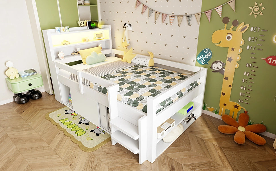 DESMIU Letto a soppalco per bambini 90 × 200 cm con ripiani, LED, USB, senza materasso, in legno, bianco