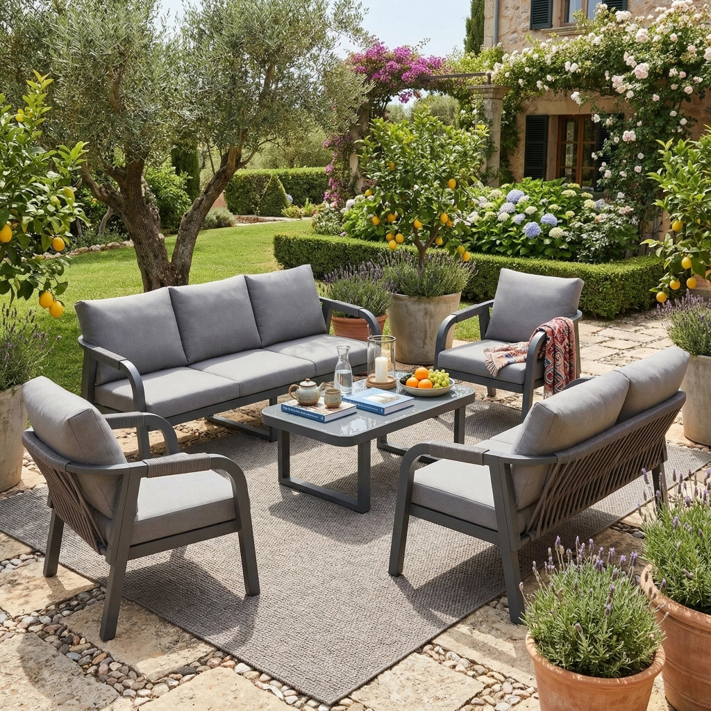 Set Divano da Giardino 7 Posti con Tavolino in Vetro ¨C MINIMAL ¨C Polyrattan Grigio