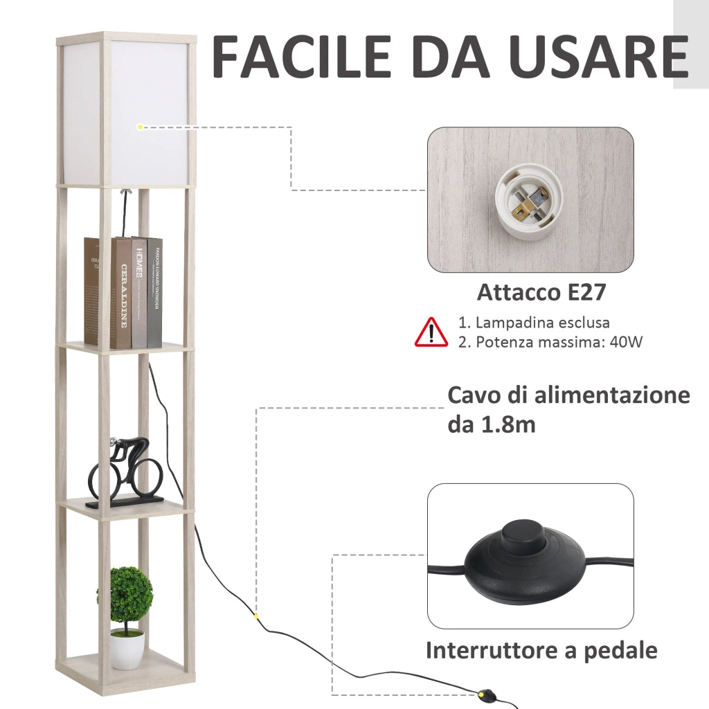 Lampada a Terra 40W con 3 Mensole Integrate e Interruttore a Pedale, Lampada Moderna in MDF e Acrilico, 26x26x160 cm, Rovere
