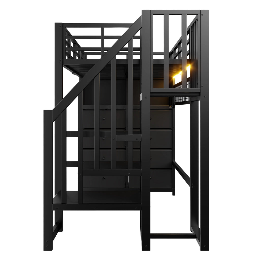LETTO A SOPPALCO 90x200 cm con 8 Cassetti e LED Nero
