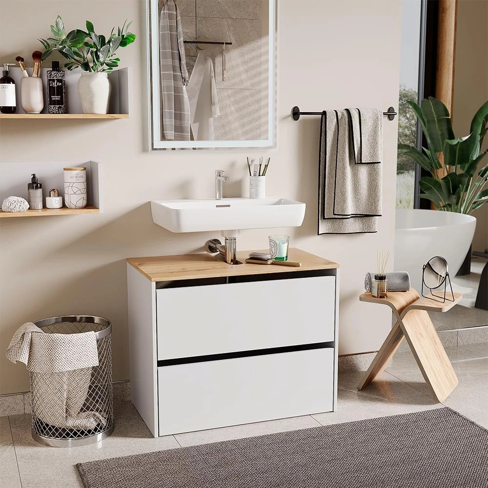 Mobile sottolavabo per bagno Viktor, Bianco/Artisan, 80.2 x 65 cm, con foro per sifone e ripiano interno regolabile in altezza