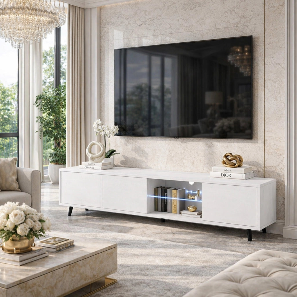 Mobile TV L Con Vano Centrale Ripiano In Vetro E LED 3 Ante Battenti In Melaminico Con Piedini In Metallo Per Soggiorno Salotto Zona Living 175 X 40 X 31.5 Cm Bianco