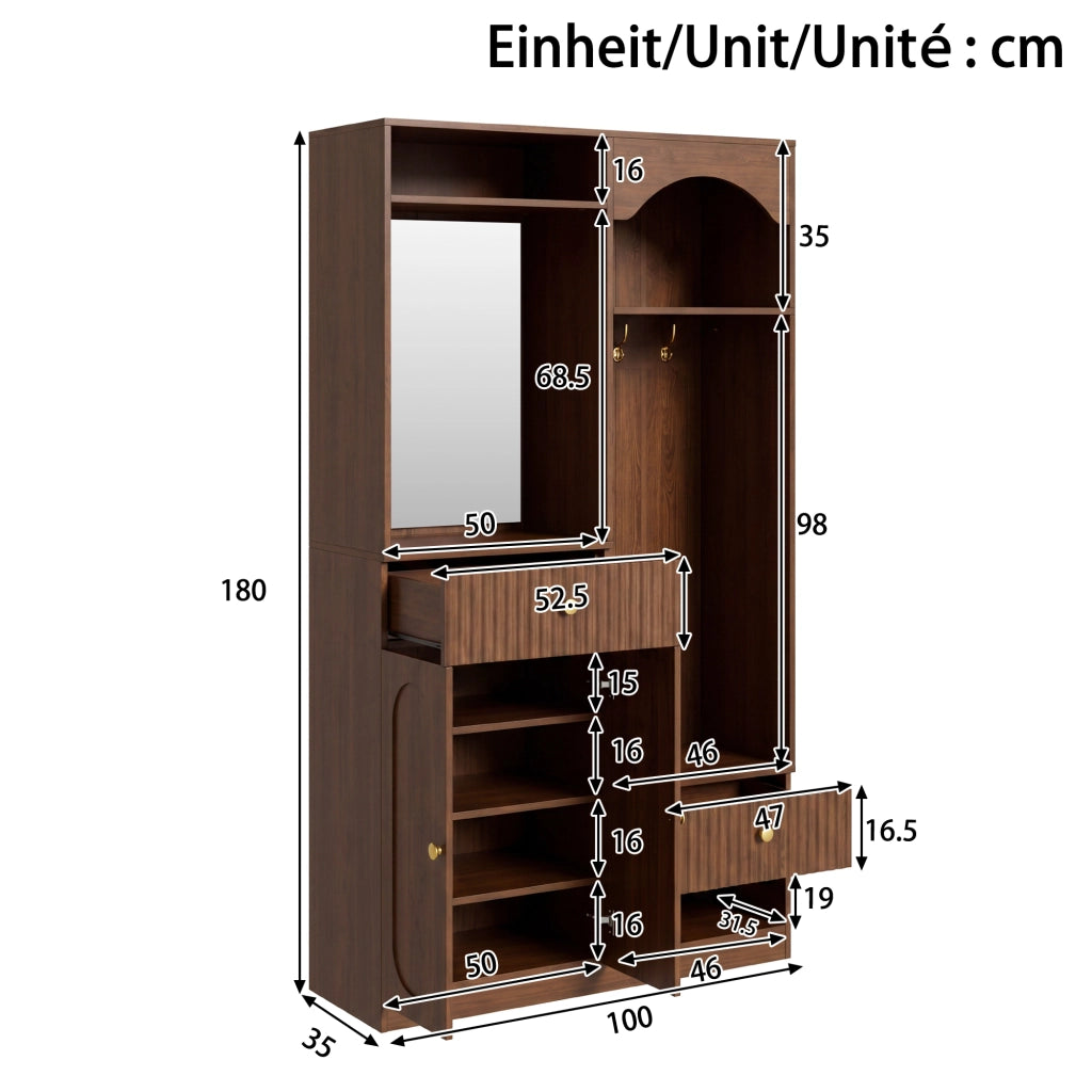 Mobile ingresso con specchio; panca e ganci; 2 cassetti; ripiani regolabili; LED; per ingresso; 100 Ã— 35 Ã— 180 cm
