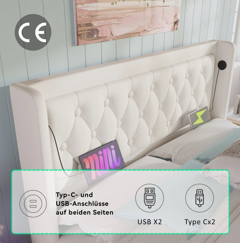 Letto matrimoniale 160x200 cm in PU bianco con contenitore; USB Type-C e LED a 3 lati