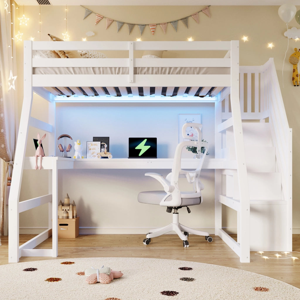 LETTO A CASTELLO 90x200 cm con scrivania, LED e scala con contenitore, bianco