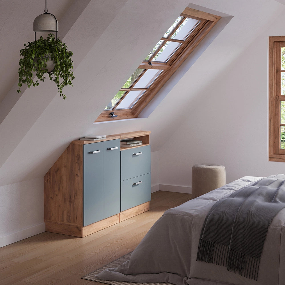 Mobile cucina sottotetto R-Line Grigio-blu/Rovere dorato 120 cm Set di 2 Vicco