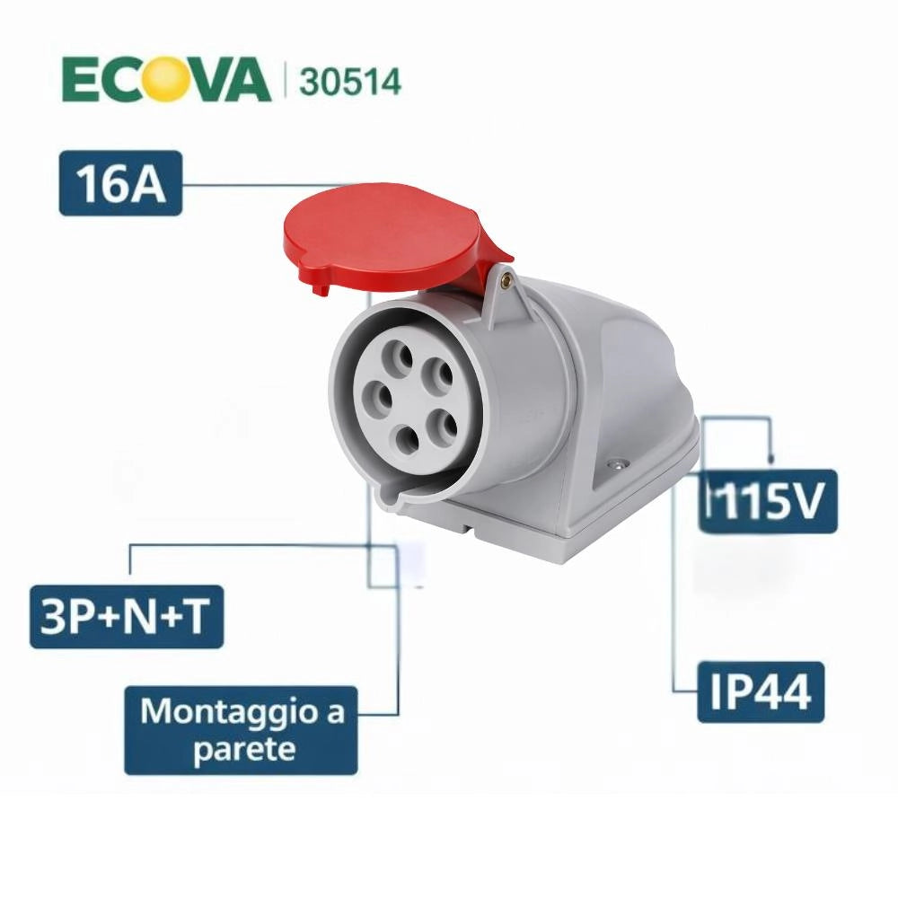 Presa industriale ecova 30514 trifase 16a 415v ip44 da parete