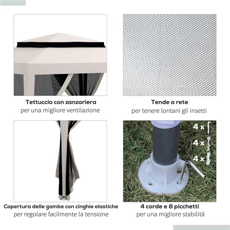 GAZEBO DA GIARDINO 3X3 M CON ZANZARIERA DOPPIO TETTO E 8 FORI IN ACCIAIO E POLIESTERE BIANCO CREMA