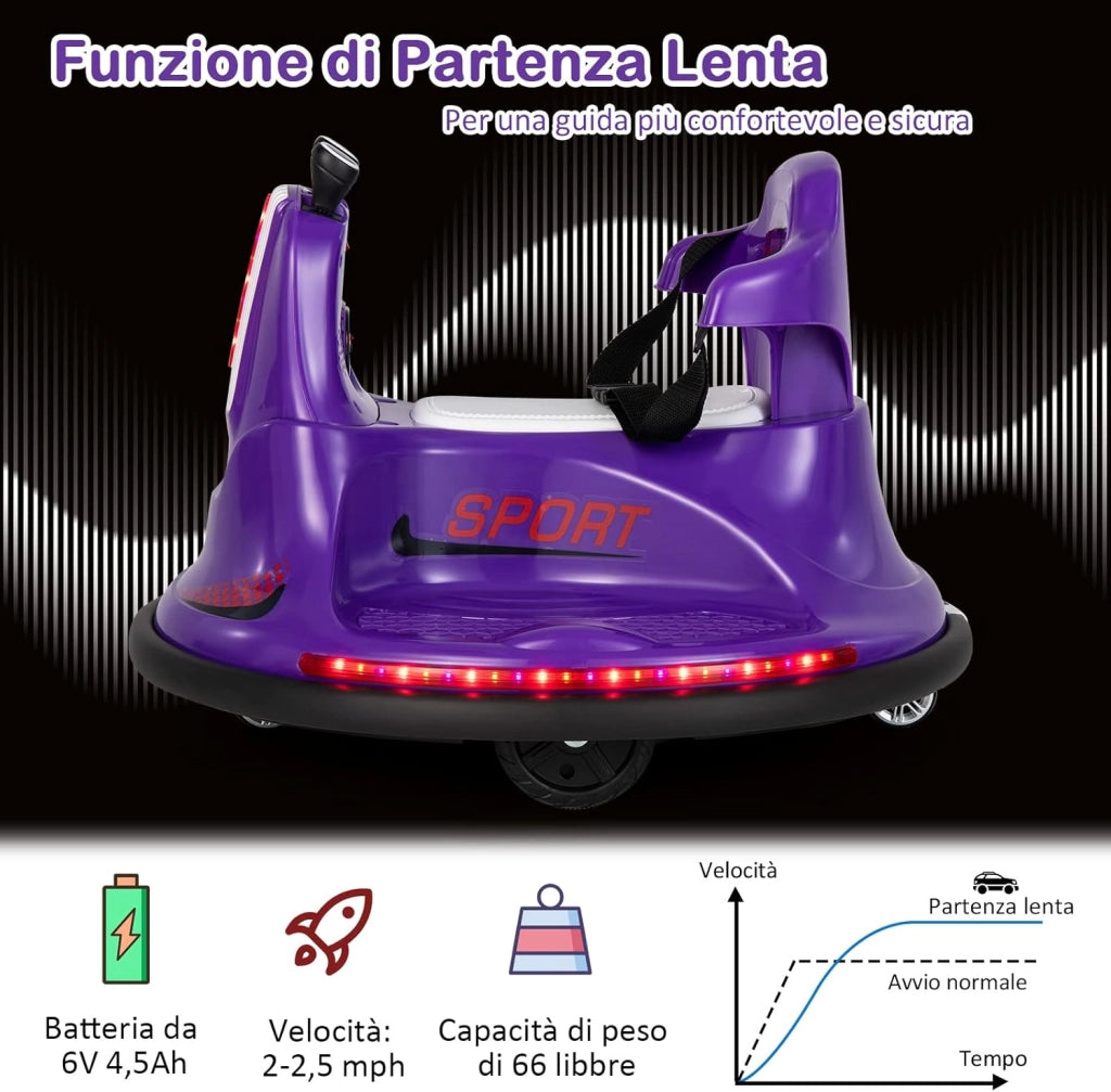 6V Autoscontro Elettrico per Bambini, Veicolo Elettrico con Telecomando, Girevole a 360°, Luci LED Colorate e Cintura di Sicurezza Regolabile, 37-95 Mesi (Viola)