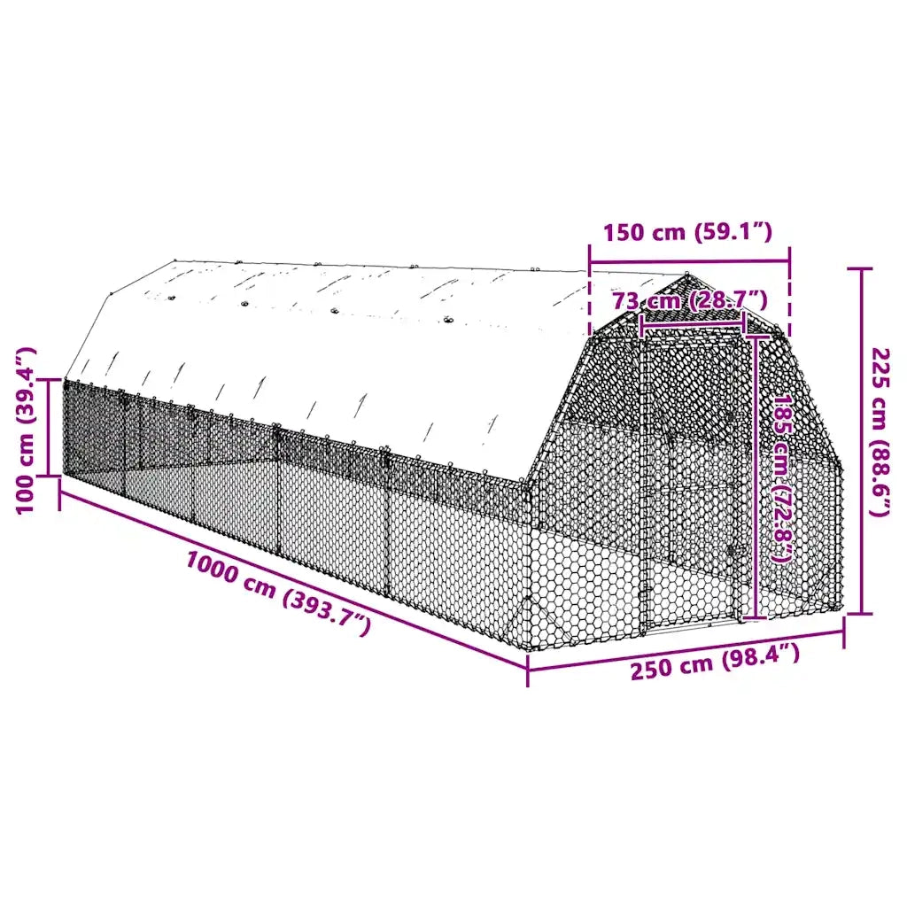 vidaXL Recinto per Polli con Tetto 2,5x10x2,25 m in Acciaio Zincato