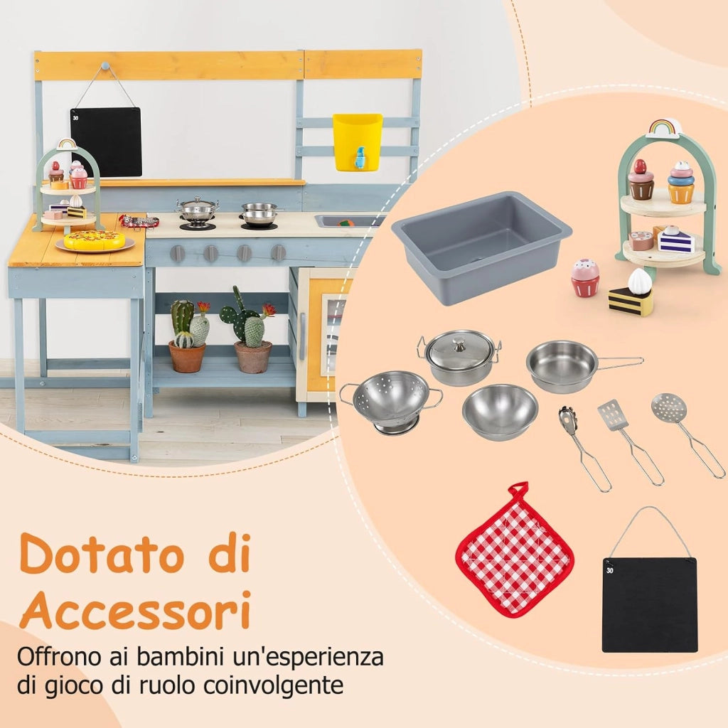Cucina Giocattolo per Giardino con Tavolo e Panchina da Picnic, Cucina per Bambini in Legno di Abete con Fornelli, Lavandino, Lavagna e Forno, con 17 Accessori, 150 x 71 x 98 cm (Grigio 1)