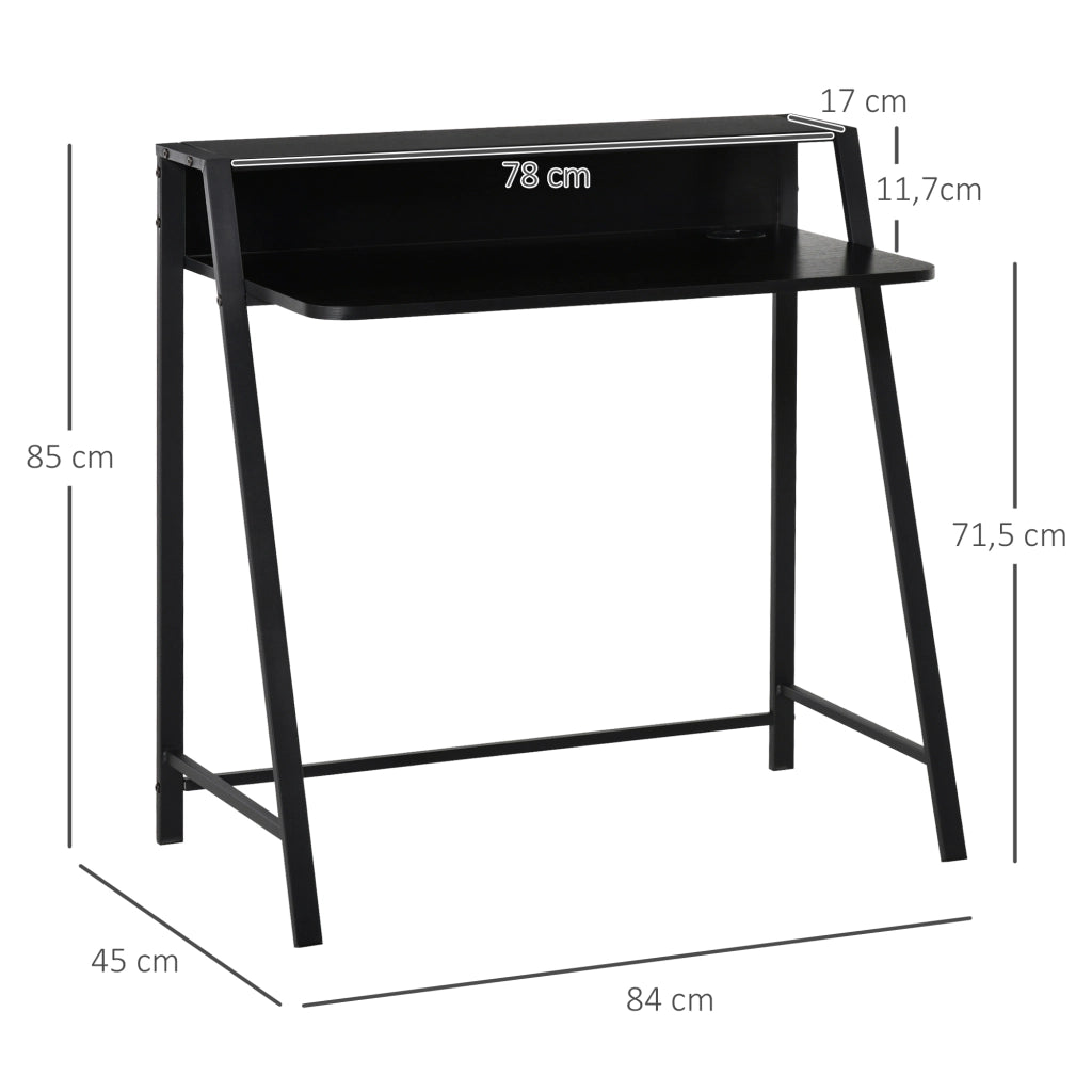 Scrivania lineare con ripiano e passacavi; struttura in MDF e metallo nero; per ufficio e studio; 84×45×85 cm