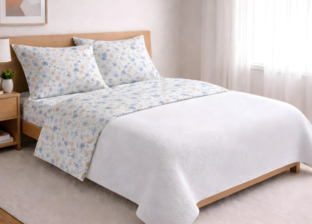 Completo Lenzuola Letto In 100% Cotone Made Italy Disegno Primavera - Maxi - Azzurro