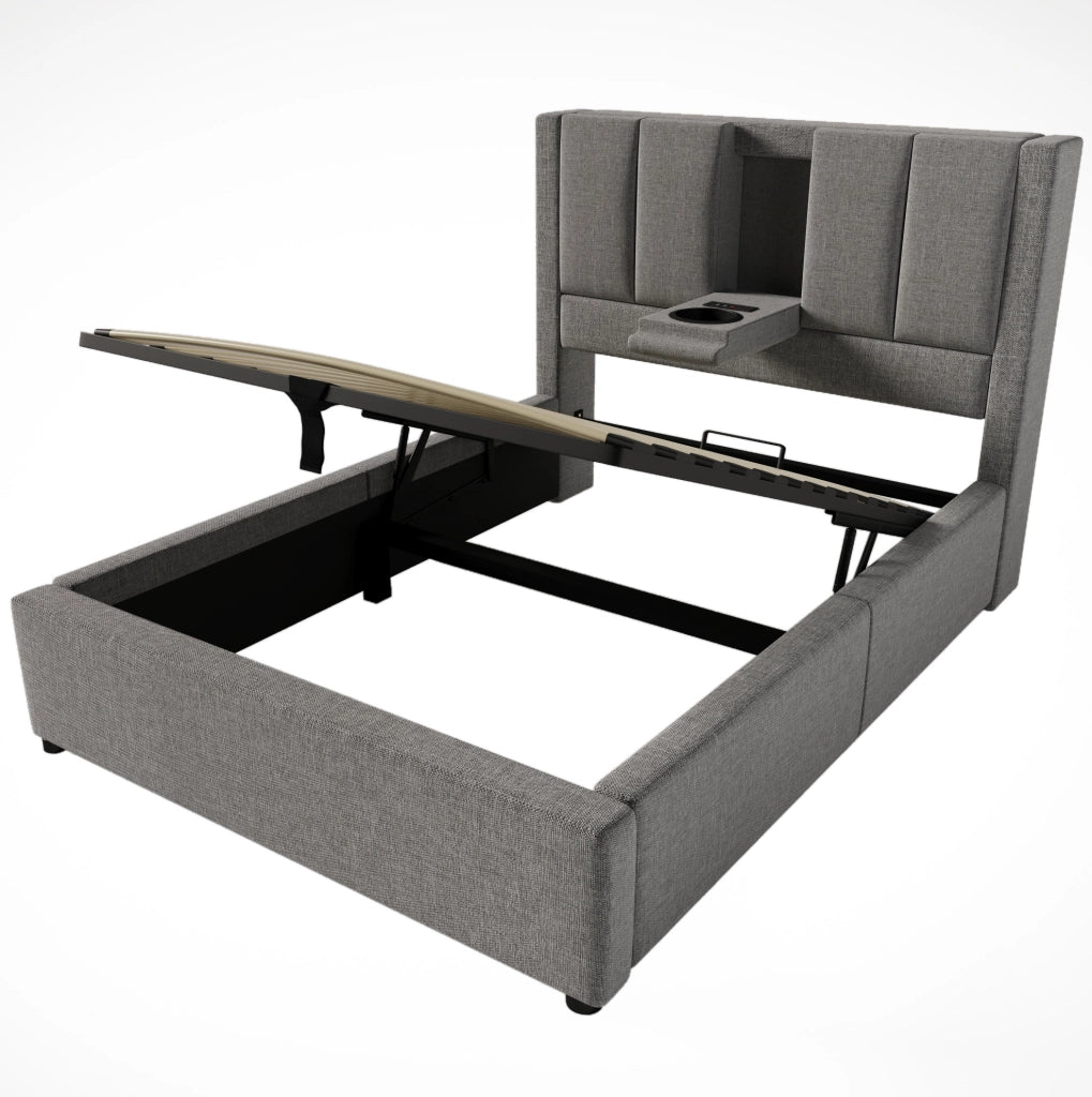 Letto imbottito 90x200 cm con vano contenitore idraulico; USB/Type-C e materasso; grigio