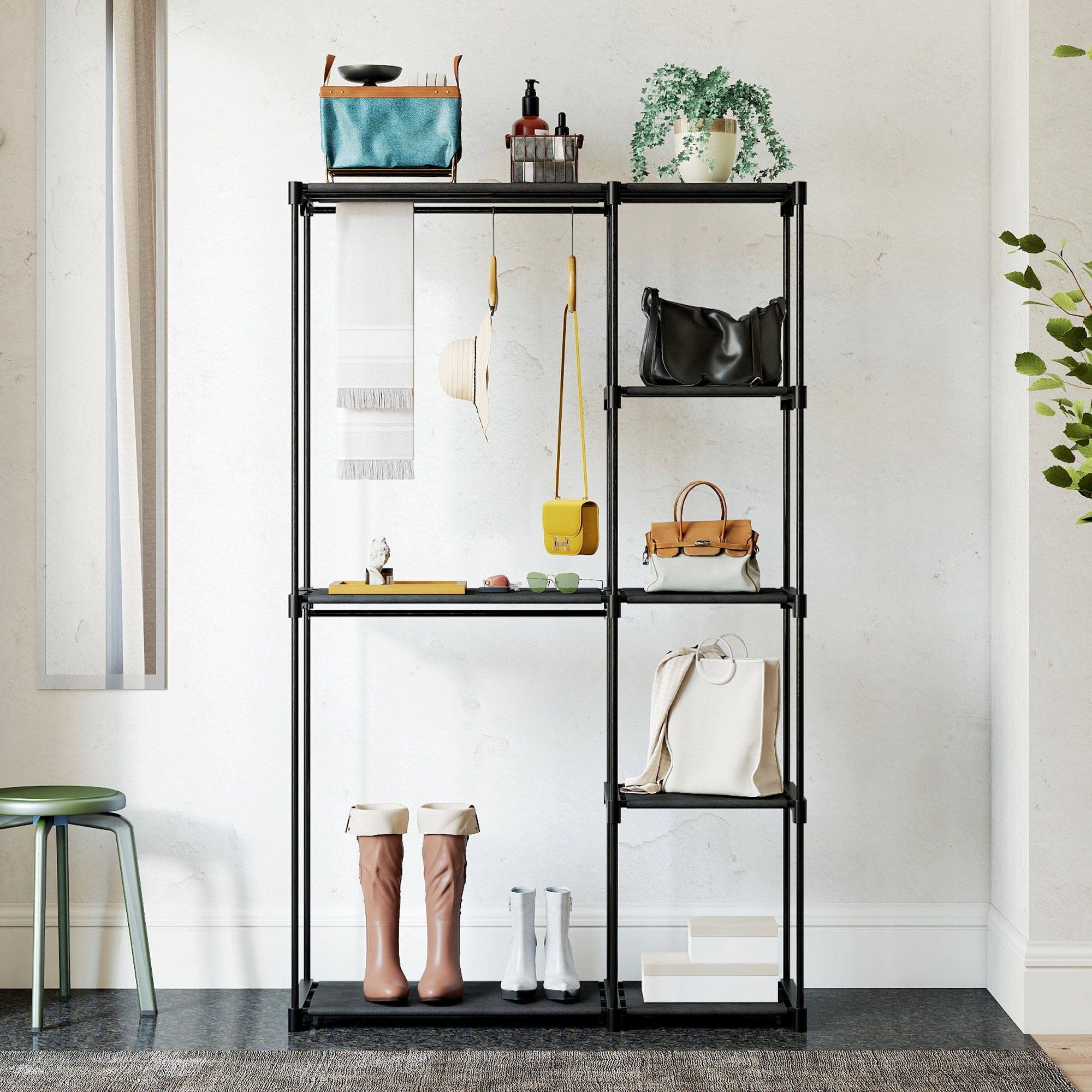 Armadio Guardaroba Portatile con 2 Aste e 6 Ripiani 111x43x185 cm in Tessuto Plastica e Acciaio Nero