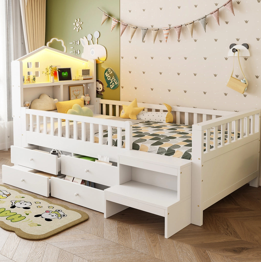 Letto per bambini 90x200 cm con 4 cassetti, LED, USB e USB-C bianco