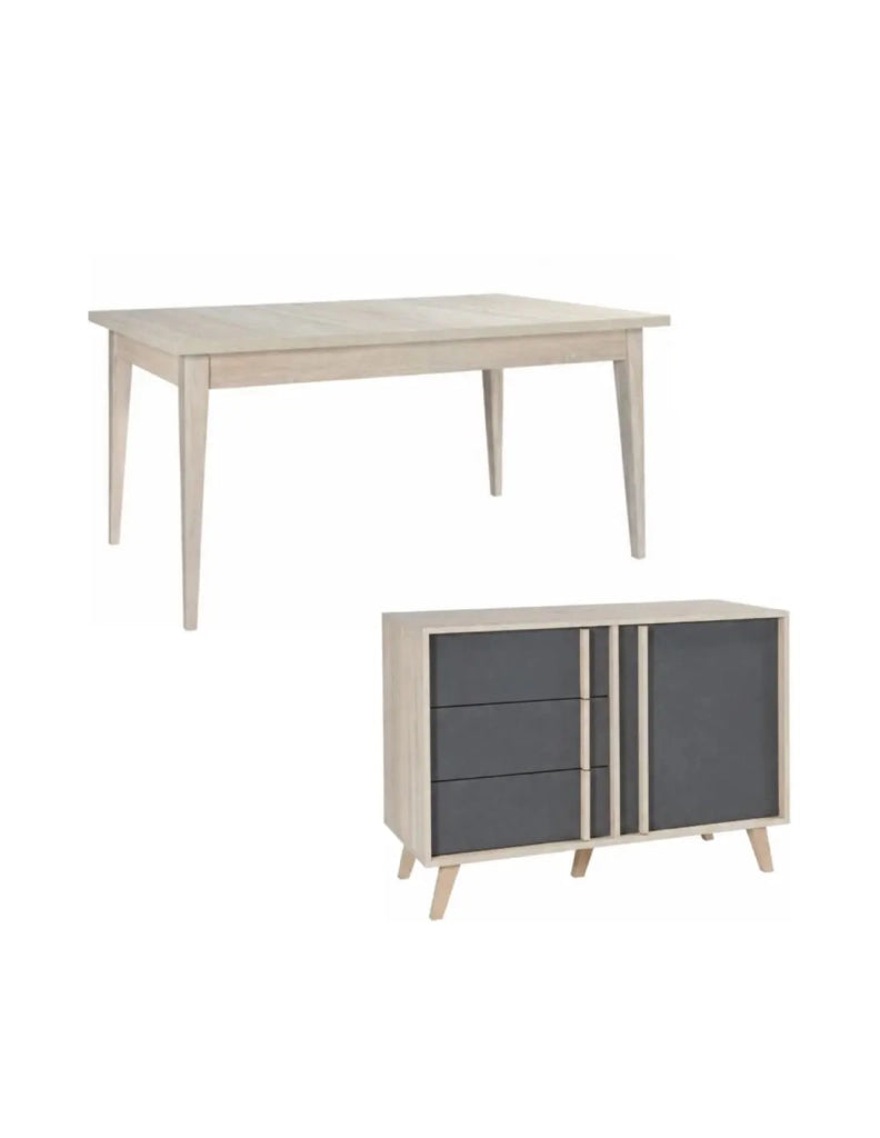 Sala da pranzo completa MALMO con tavolo 6 posti 160cm e buffet alto - Rovere chiaro e grigio