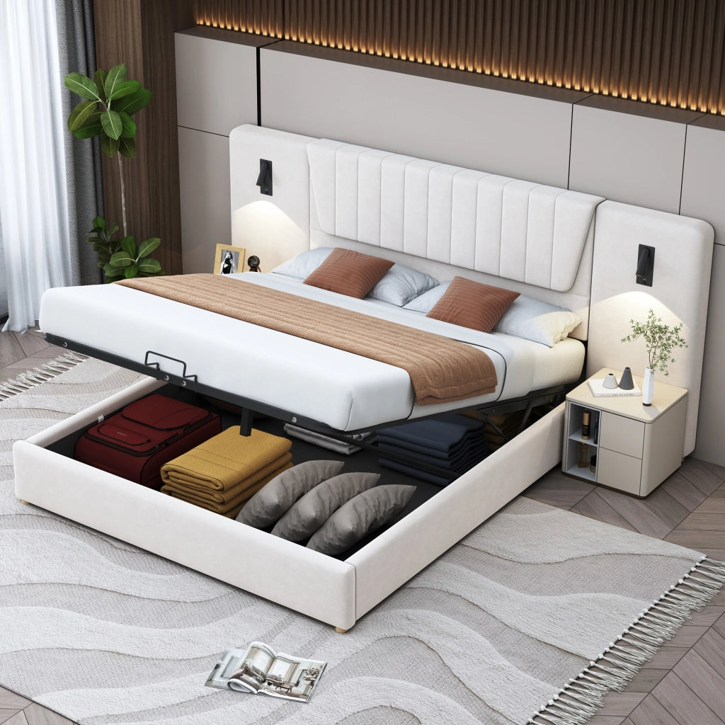 Letto Contenitore 180x200 cm; Matrimoniale; con Lampade Orientabili; USB; Velluto Beige