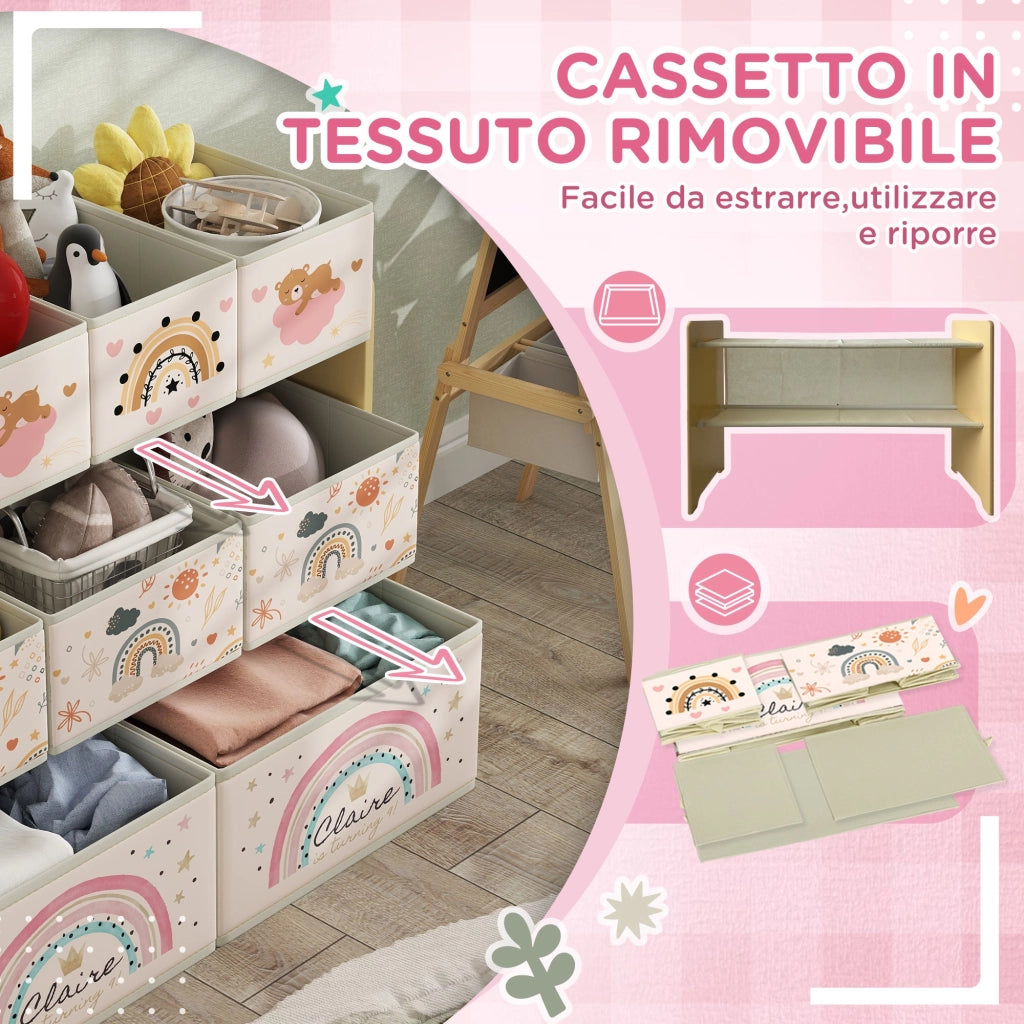 Mobile Portagiochi per Bambini a 3 Livelli 93x30x70 cm con 9 Contenitori in Tessuto Giallo