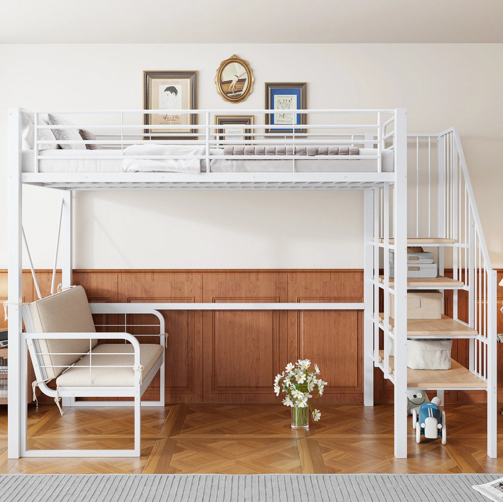 Letto a soppalco 90x200 cm bianco in metallo e MDF con divano removibile e scala contenitore