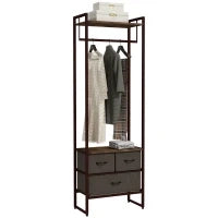 Appendiabiti da Terra con Asta, 3 Cassetti e Ripiani, in Legno MDF e Acciaio, 58.5x30x178 cm, Marrone