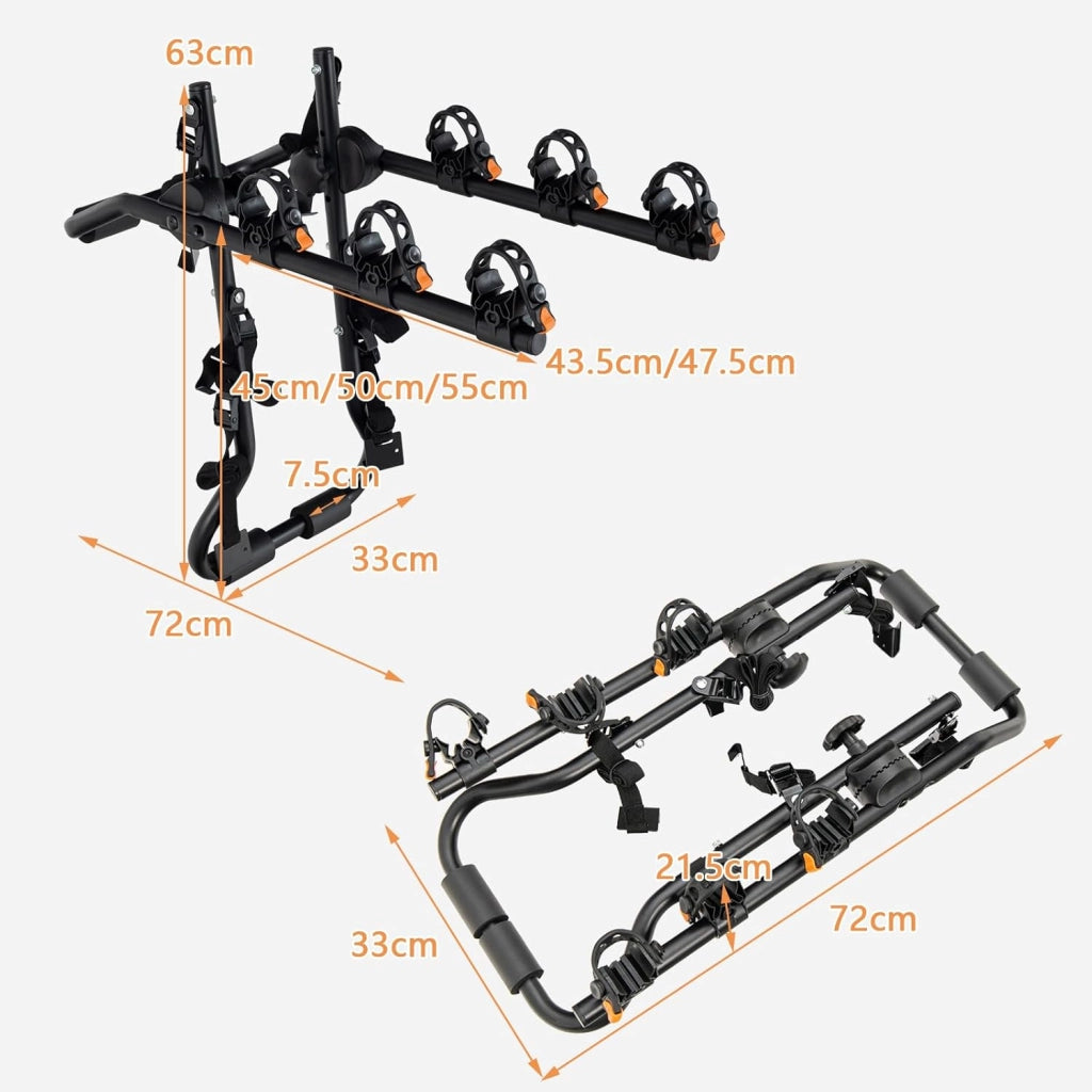 Portabici Posteriore Universale per Auto, Portabici da Portellone per 3 Bici con Lunghezza e Angolo Regolabili, Portata 45 kg, Portabiciclette per Bagagliaio Pieghevole per SUV e Berline